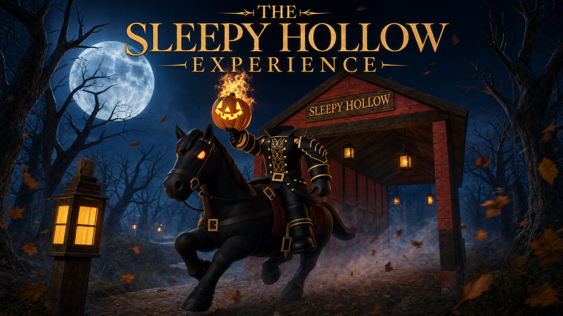 The Headless Horseman, matte black and gold, holds up a burning pumpkin in front of the red covered bridge under a full moon.