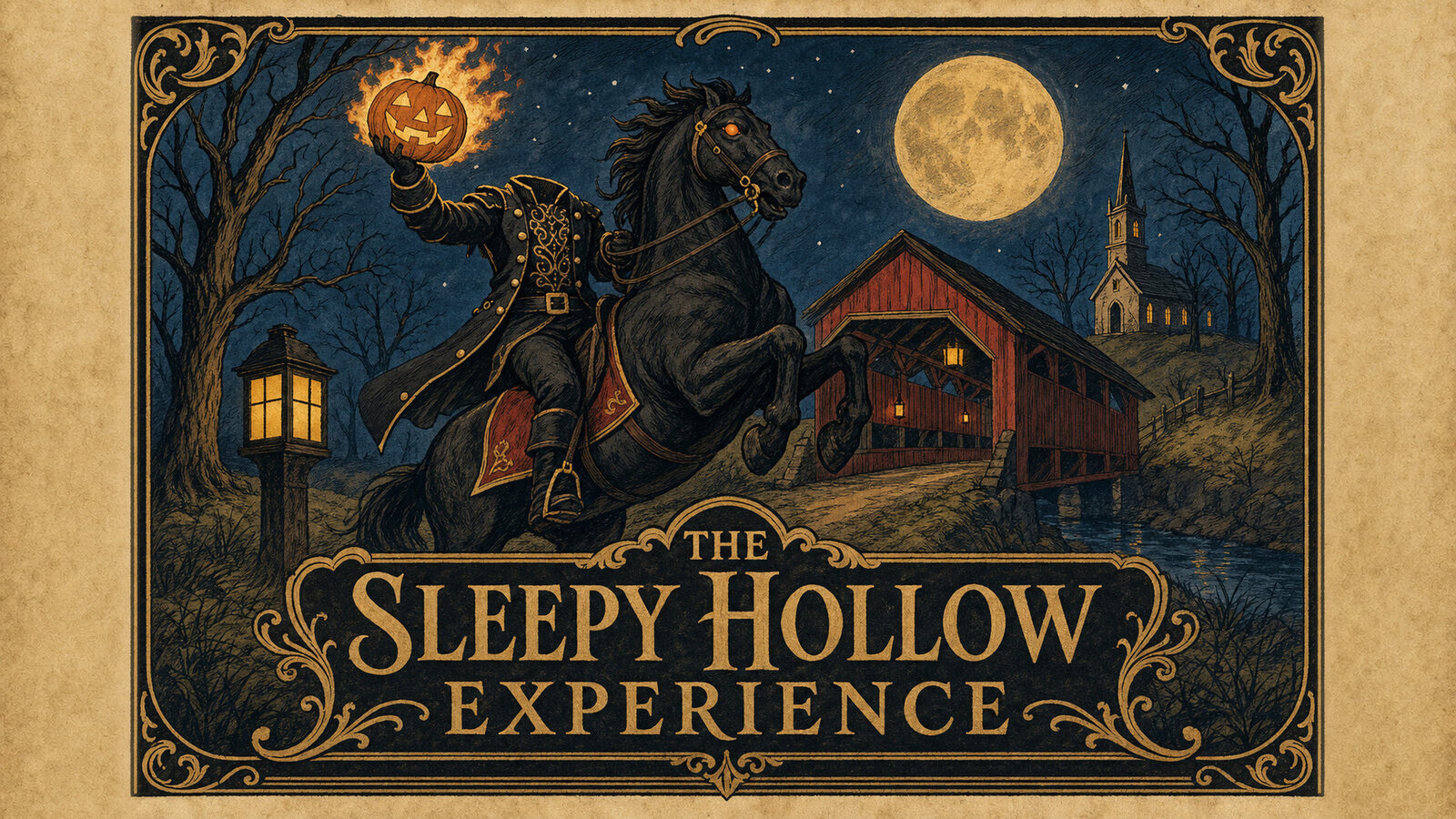 An engraving in the manner of an old chapbook: the Headless Horseman rears his black horse before the covered bridge, a church on the hill, the moon above.